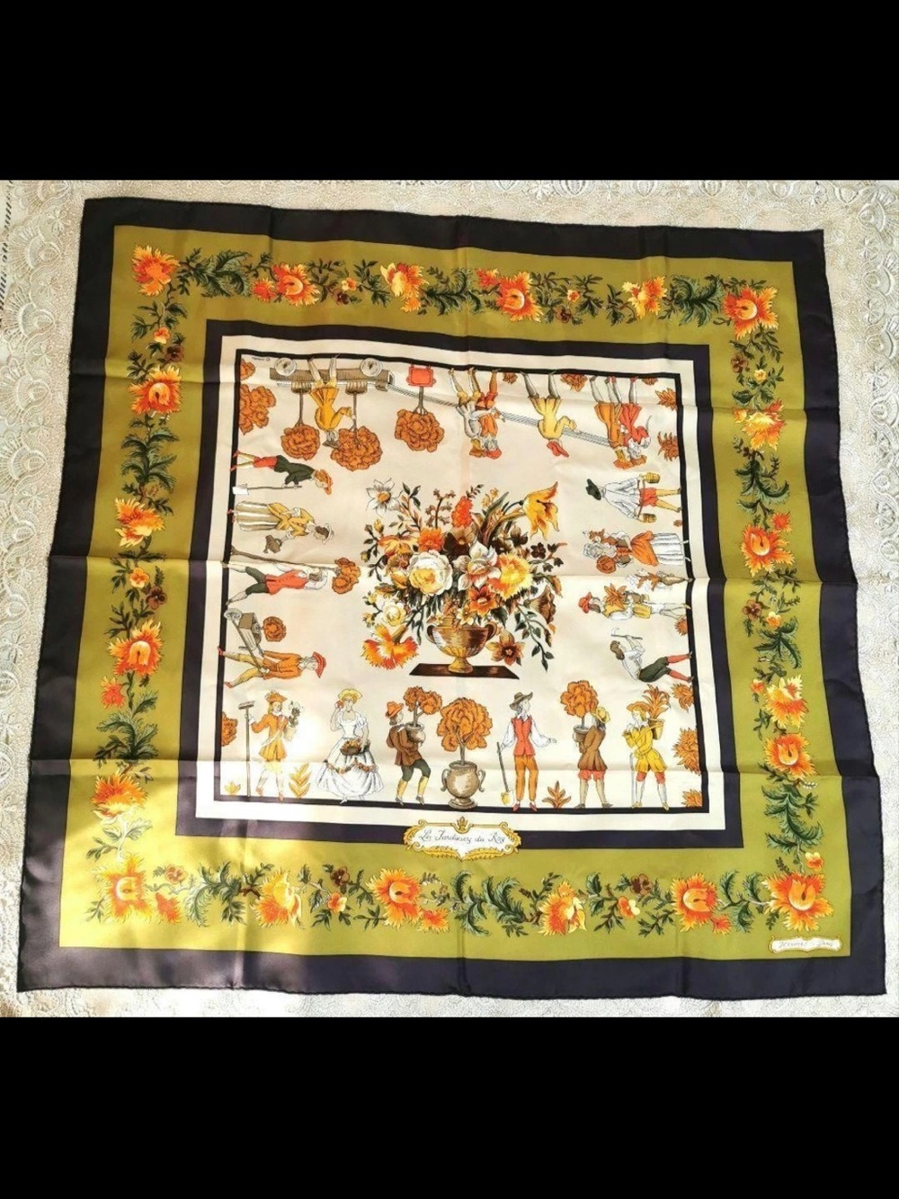 Hermes Olive Green Orange Floral Silk Scarf